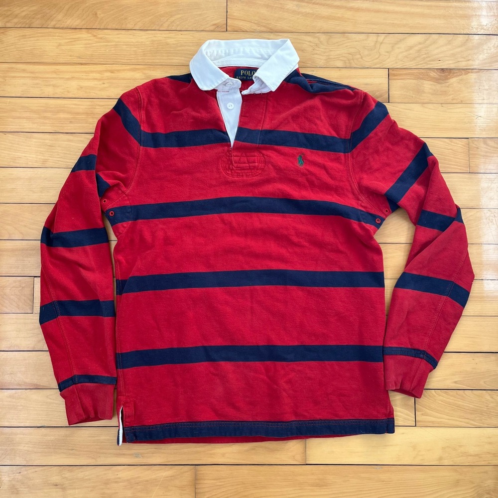 Polo Ralph Lauren Mens Small Red Navy Blue Striped Long Sleeve Rugby Shirt Logo